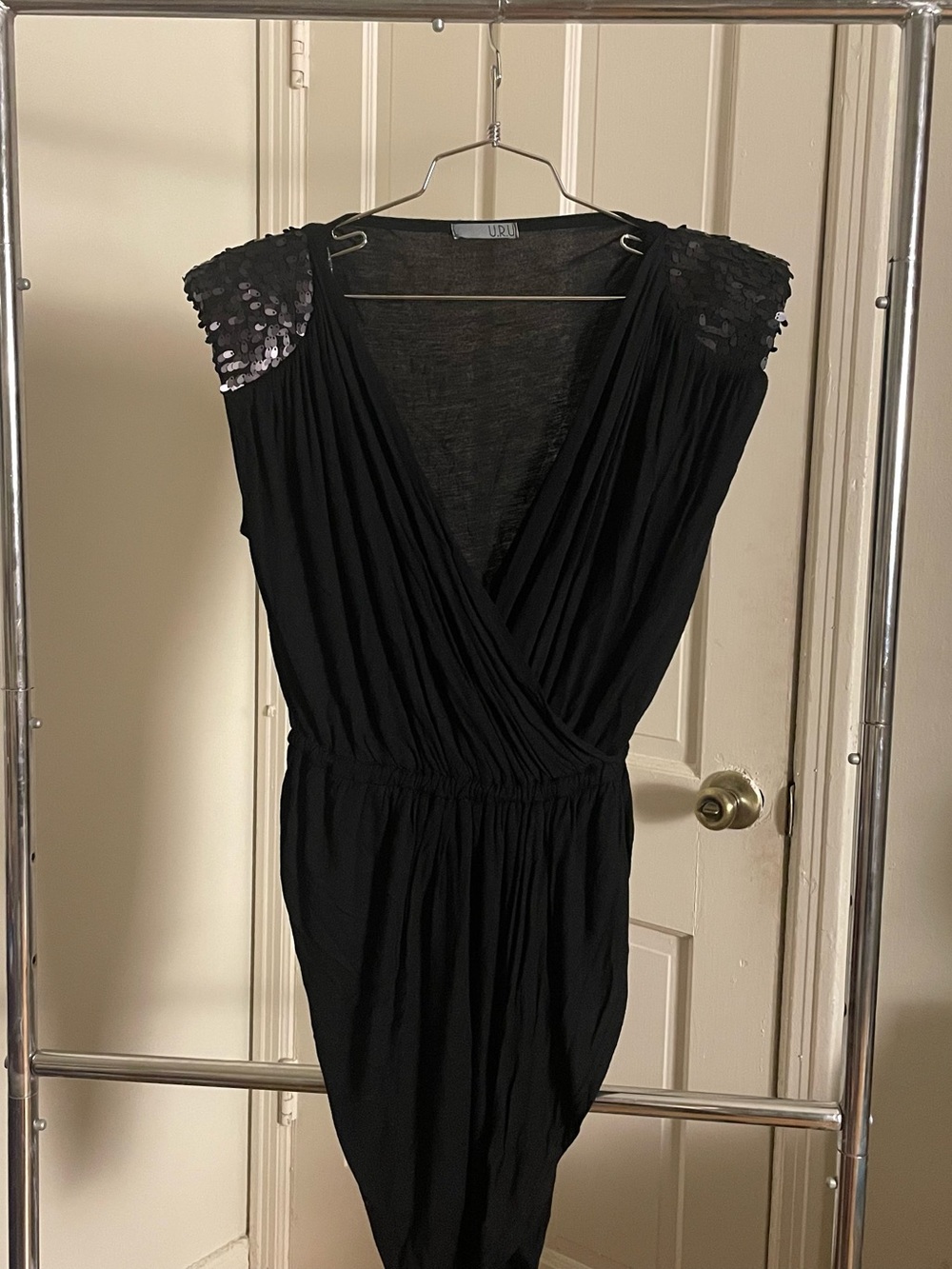Black Sequin shoulder pad layered dress